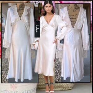 Lulus Women Illustrious Elegance Champagne Satin Long Sleeve Midi Dress Size M